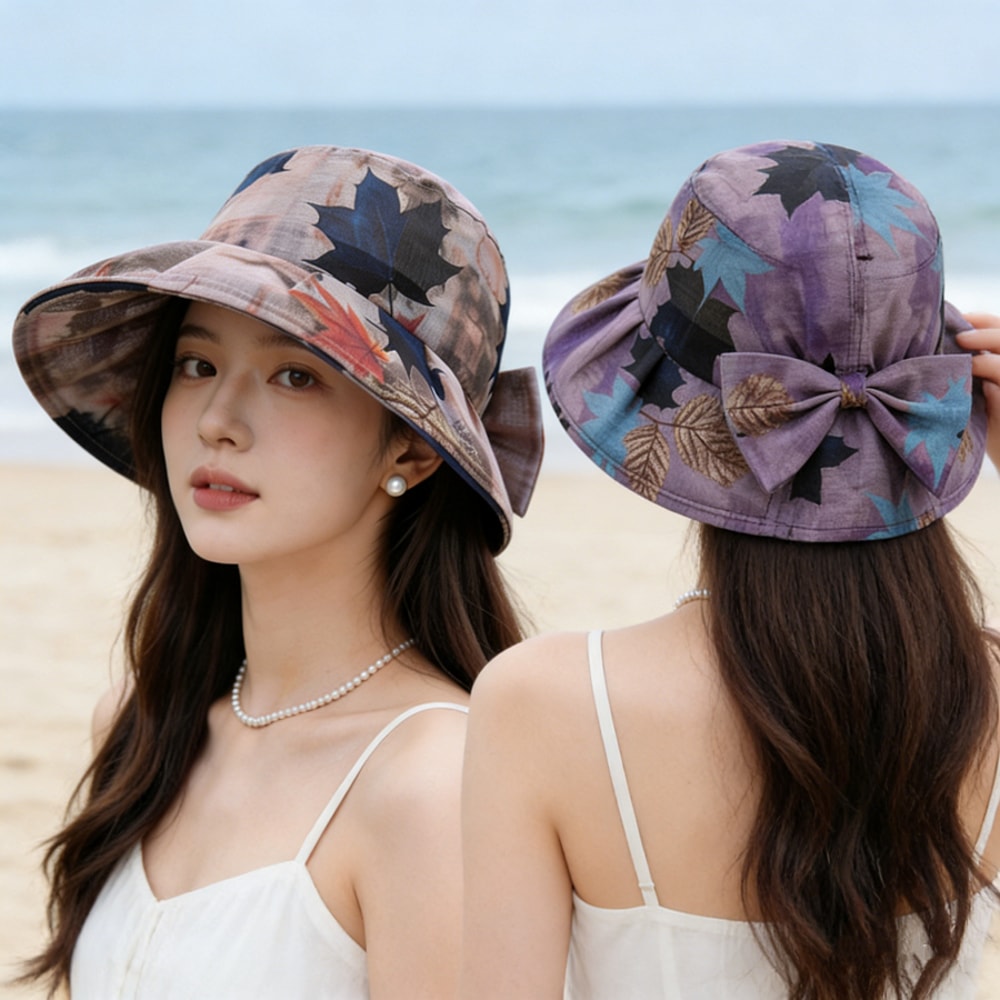 Retro Maple Leaf Wide Brim Foldable Sun Hat Stylish UV Protection Bucket Hat For Beach Travel Ever 1