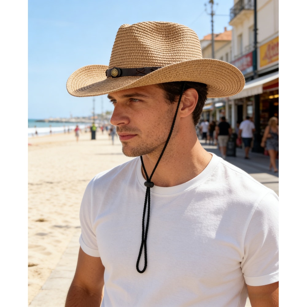 Wide Brimmed Cowboy Straw Hat For Summer Sun Protection Unisex Vintage Style 0