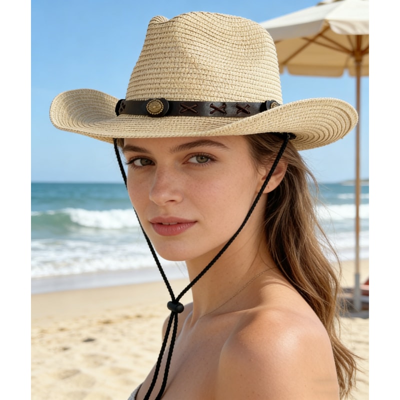 Wide Brimmed Cowboy Straw Hat For Summer Sun Protection Unisex Vintage Style 2