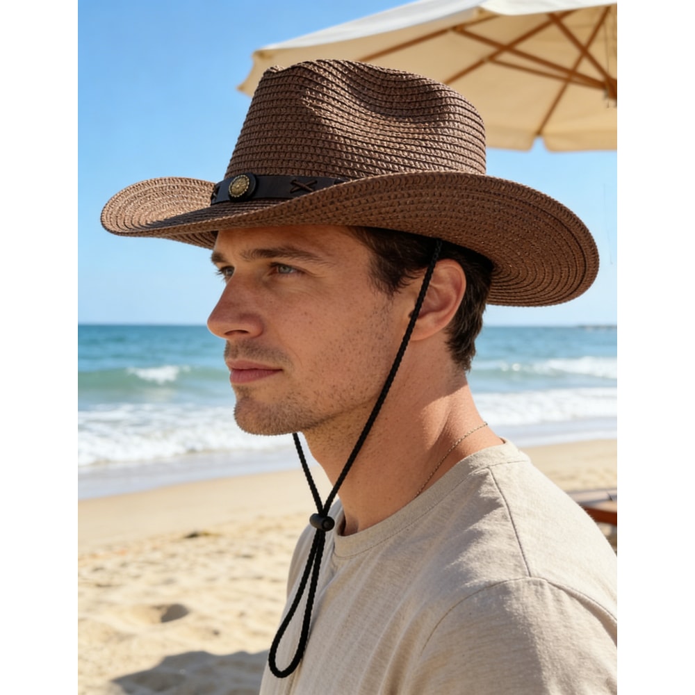 Wide Brimmed Cowboy Straw Hat For Summer Sun Protection Unisex Vintage Style 3