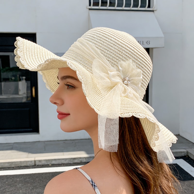 Elegant Straw Sun Hat With Floral Mesh Wide Brim Foldable Sun Protection Beach Hat For Women 0