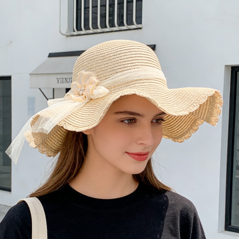 Elegant Straw Sun Hat With Floral Mesh Wide Brim Foldable Sun Protection Beach Hat For Women 2