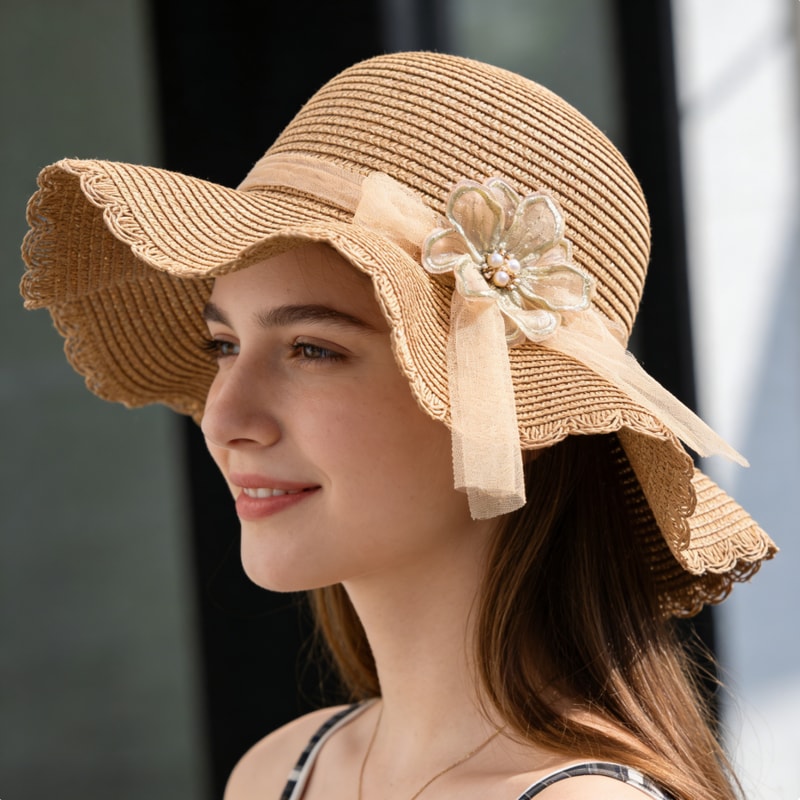 Elegant Straw Sun Hat With Floral Mesh Wide Brim Foldable Sun Protection Beach Hat For Women 3