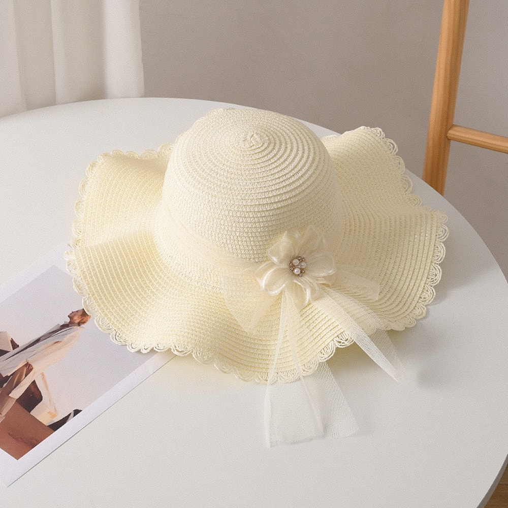 Elegant Straw Sun Hat With Floral Mesh Wide Brim Foldable Sun Protection Beach Hat For Women 5