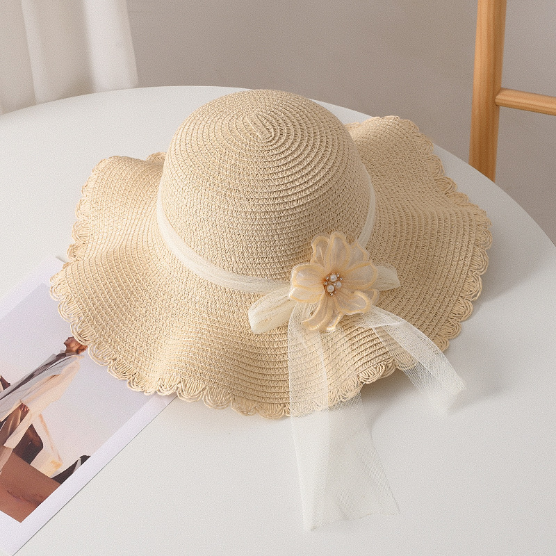 Elegant Straw Sun Hat With Floral Mesh Wide Brim Foldable Sun Protection Beach Hat For Women 6