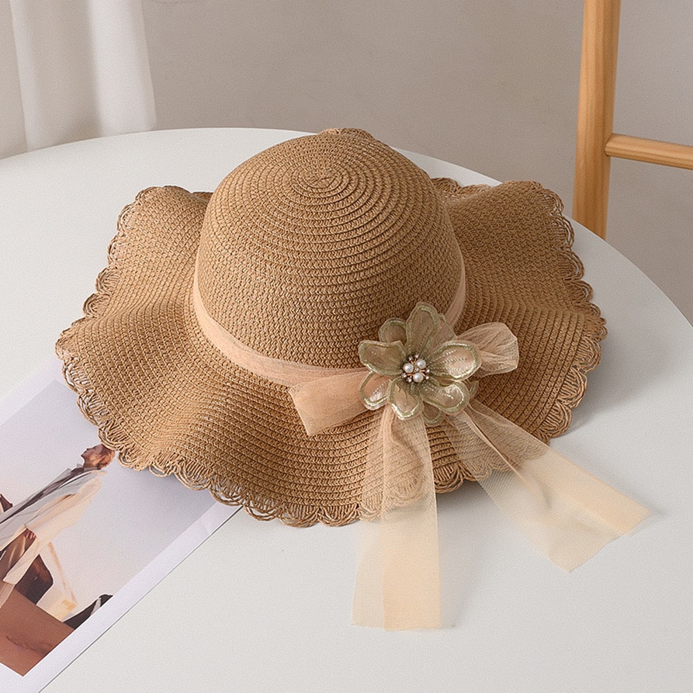 Elegant Straw Sun Hat With Floral Mesh Wide Brim Foldable Sun Protection Beach Hat For Women 7