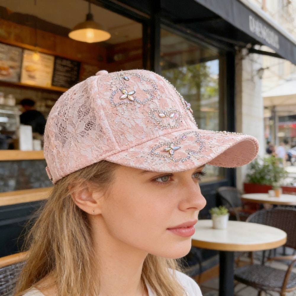 Luxury Butterfly Rhinestone Lace Baseball Cap Stylish Sun Protection Hat 3