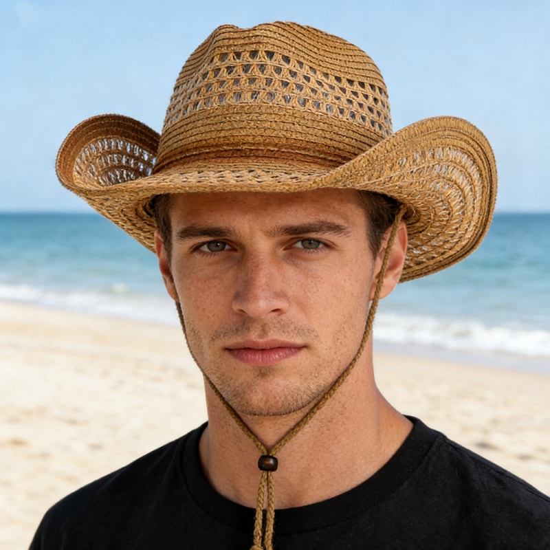 Breathable Straw Cowboy Hat With Adjustable Windproof Strap Sun Protection Outdoor Hat 0