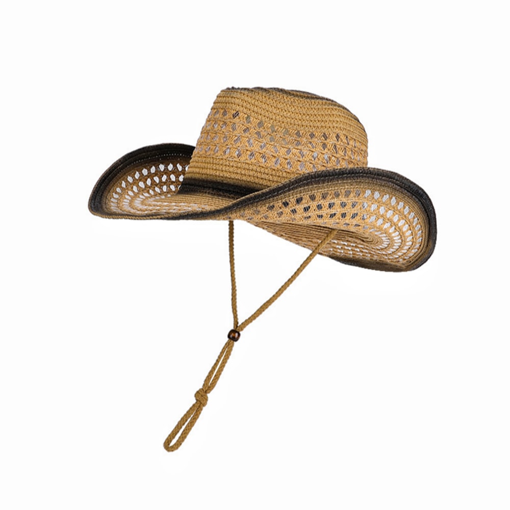 Breathable Straw Cowboy Hat With Adjustable Windproof Strap Sun Protection Outdoor Hat 9