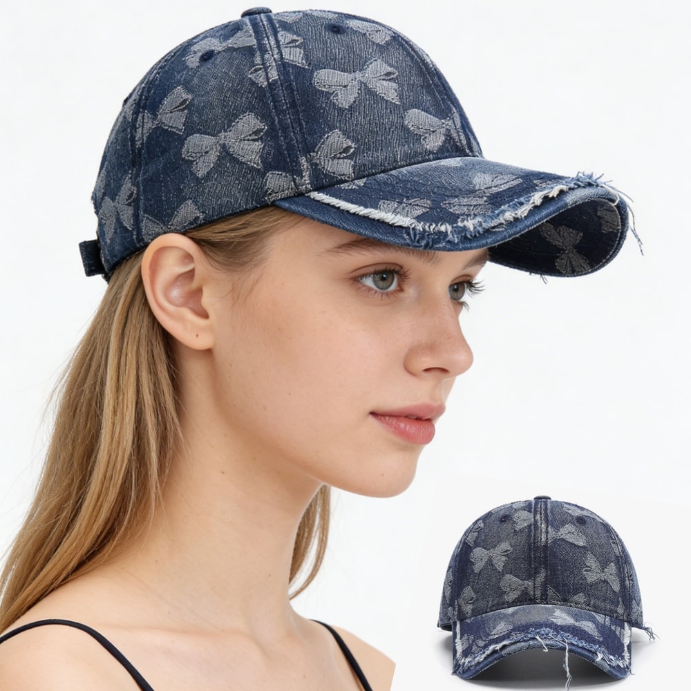 Vintage Denim Baseball Cap With Bowknot Face Slimming Unisex Hat 0