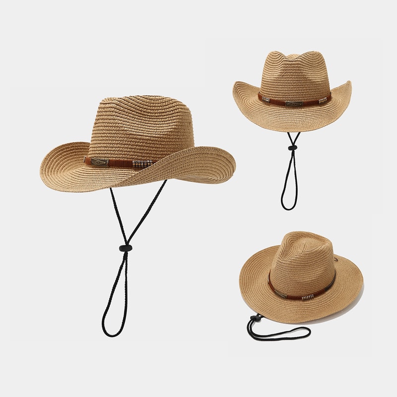 Unisex Wide Brim Straw Cowboy Hat for Outdoor Sun Protection