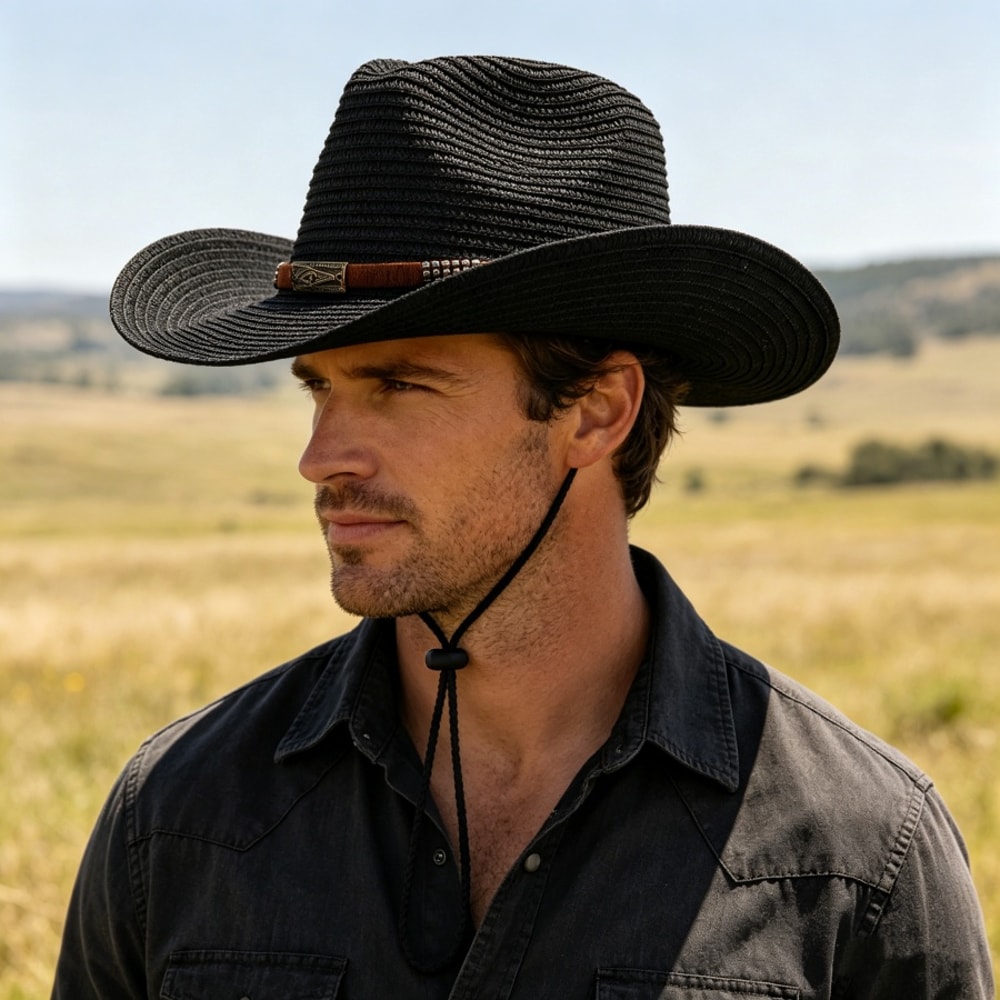 Unisex Wide Brim Straw Cowboy Hat for Outdoor Sun Protection