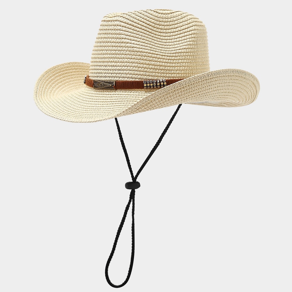 Unisex Wide Brim Straw Cowboy Hat for Outdoor Sun Protection