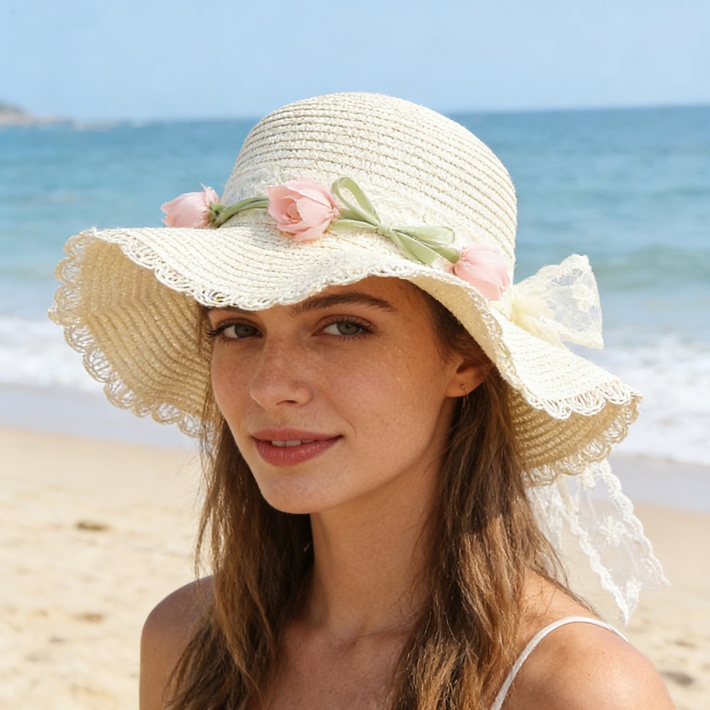 French Style Retro Lace Straw Hat with Tulip Decoration Breathable Summer Beach Hat