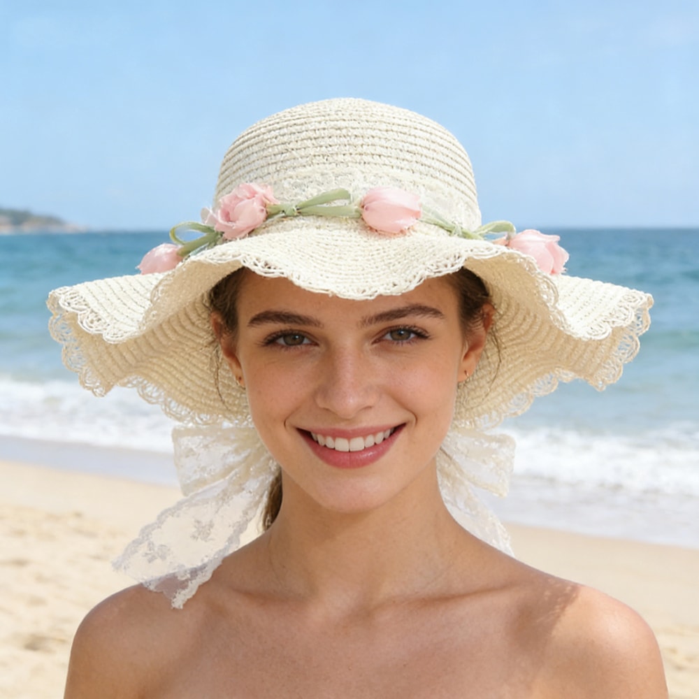 French Style Retro Lace Straw Hat with Tulip Decoration Breathable Summer Beach Hat