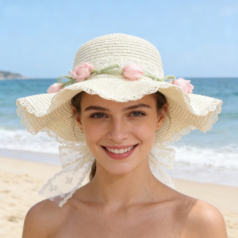 French Style Retro Lace Straw Hat with Tulip Decoration Breathable Summer Beach Hat