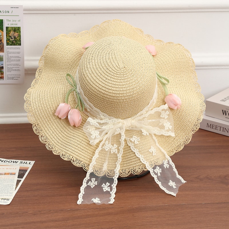 French Style Retro Lace Straw Hat with Tulip Decoration Breathable Summer Beach Hat