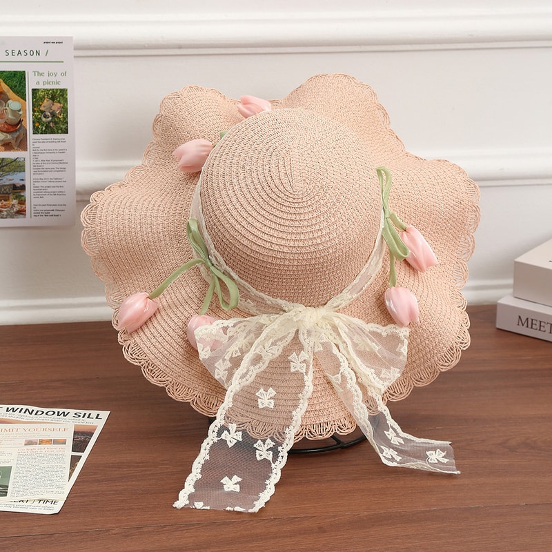 French Style Retro Lace Straw Hat with Tulip Decoration Breathable Summer Beach Hat