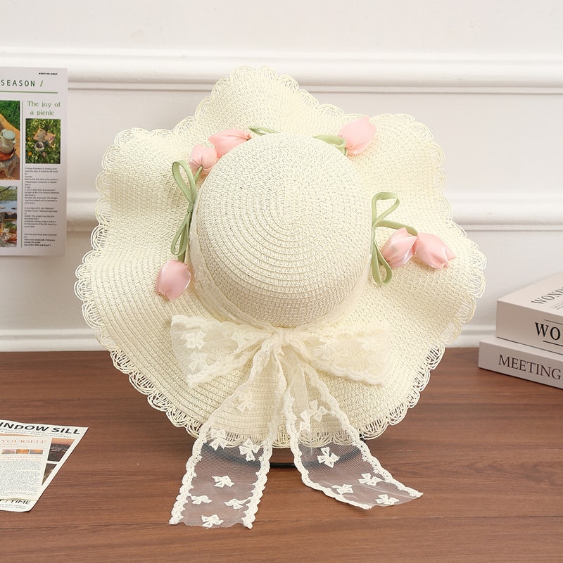 French Style Retro Lace Straw Hat with Tulip Decoration Breathable Summer Beach Hat