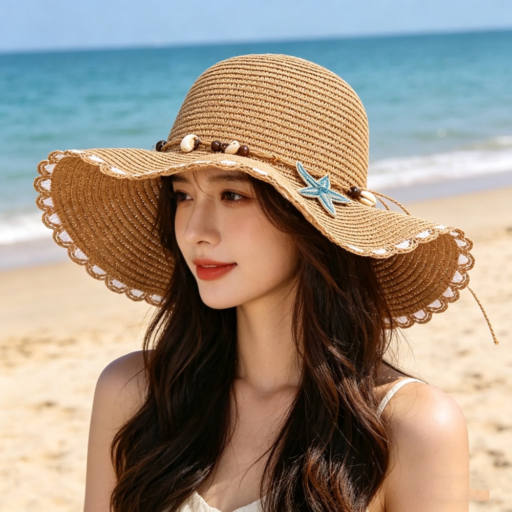 Bohemian Straw Hat With Shell Beads Wide Brim Sun Protection Hat For Beach Photos 1