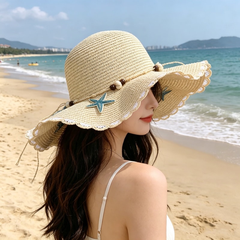 Bohemian Straw Hat With Shell Beads Wide Brim Sun Protection Hat For Beach Photos 2