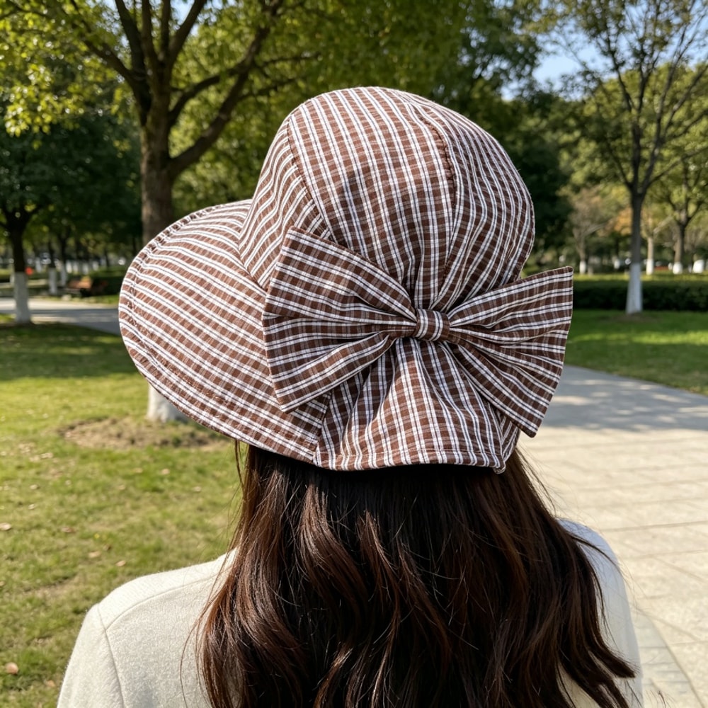 Retro Plaid Womens Wide Brim Sun Hat With Bow Stylish Foldable Sun Protection Hat 0