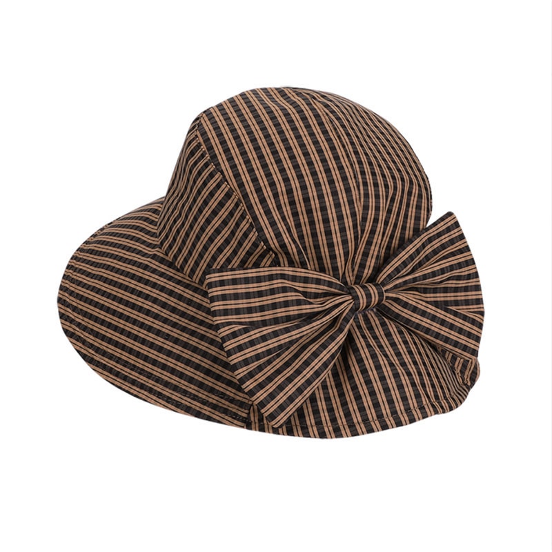 Retro Plaid Womens Wide Brim Sun Hat With Bow Stylish Foldable Sun Protection Hat 8