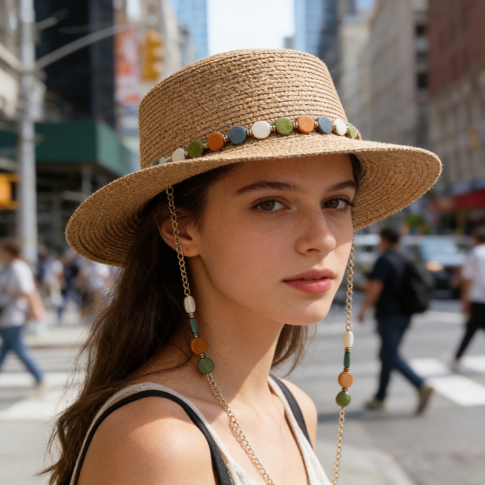 Elegant Summer Straw Sun Hat With Colorful Stone Chain Flat Brimmed Breathable 1