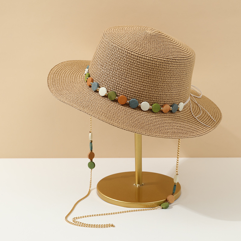 Elegant Summer Straw Sun Hat With Colorful Stone Chain Flat Brimmed Breathable 5
