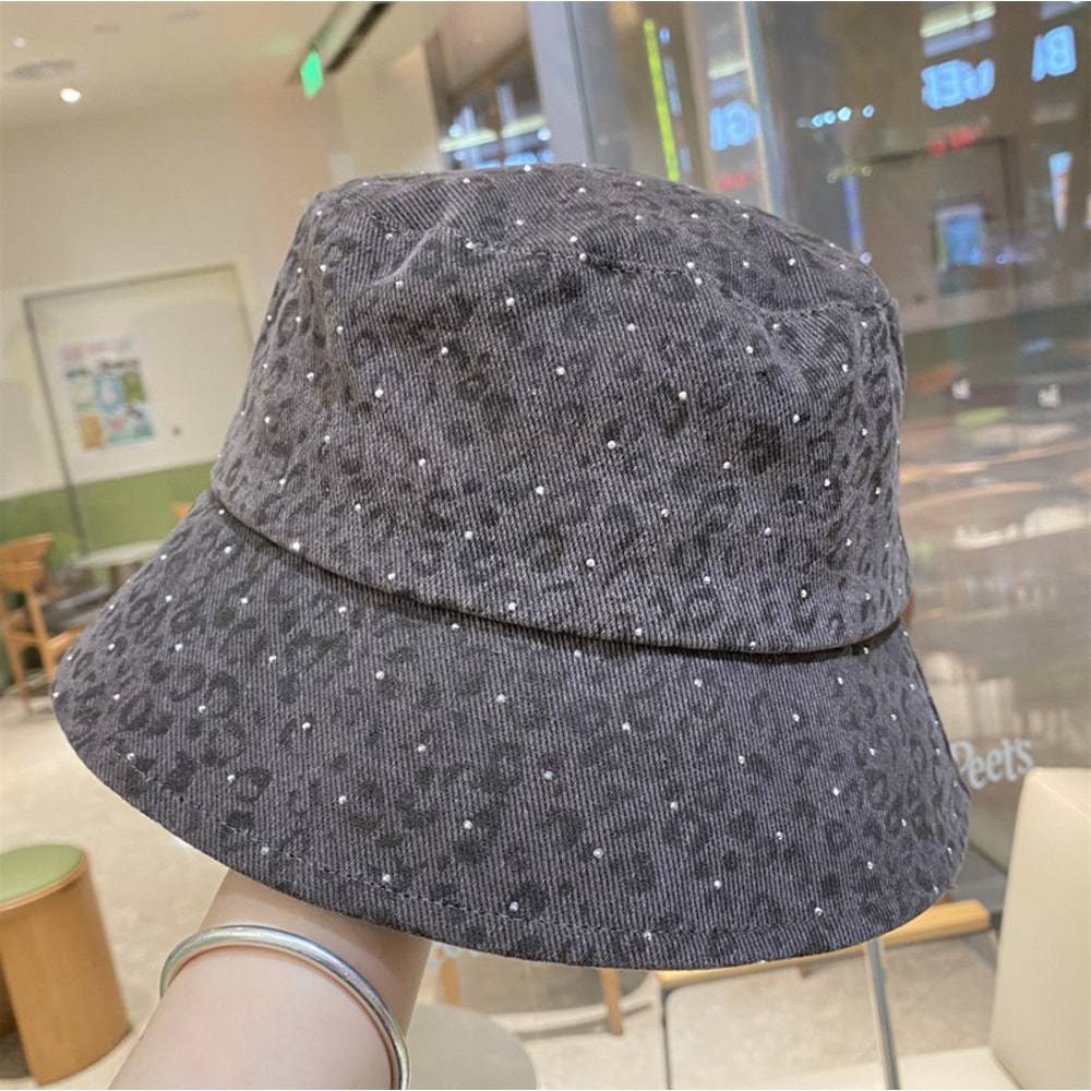 Luxury Leopard Print Rhinestone Bucket Hat Wide Brim Sun Hat 5