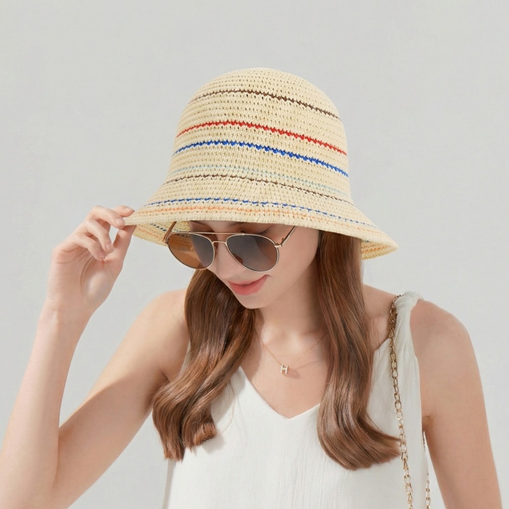 Womens Vintage Striped Knit Bucket Hat Casual Sun Protection
