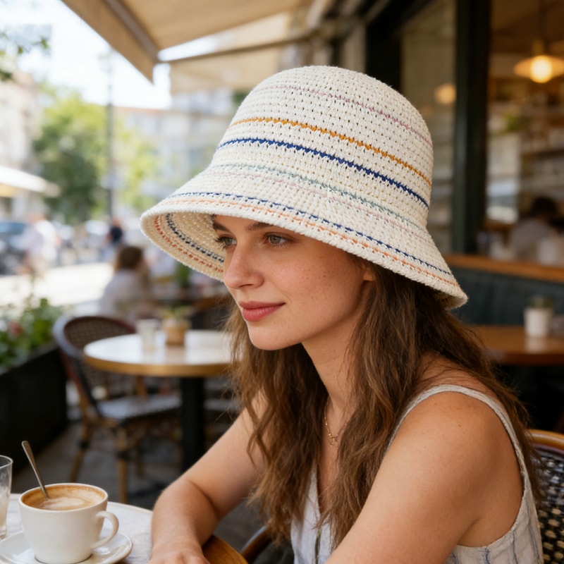 Womens Vintage Striped Knit Bucket Hat Casual Sun Protection