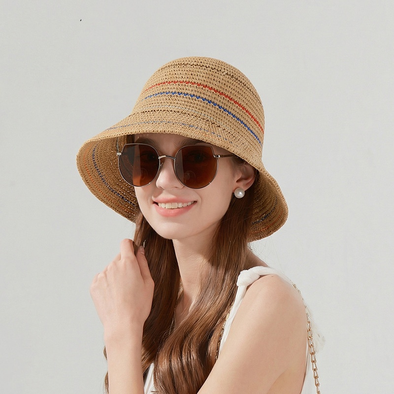 Womens Vintage Striped Knit Bucket Hat Casual Sun Protection