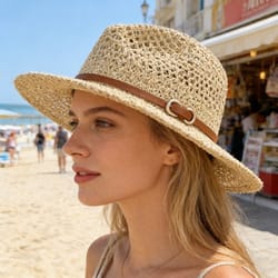 breathable wide brimmed straw hat with vintage belt for summer sun protection