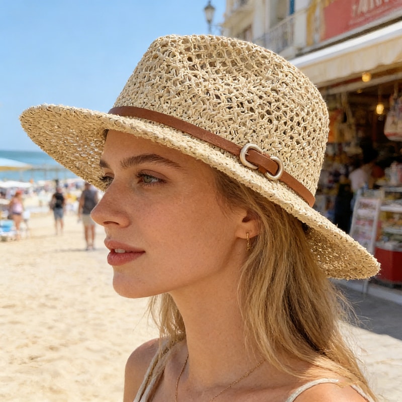 Breathable Wide Brimmed Straw Hat With Vintage Belt For Summer Sun Protection 0