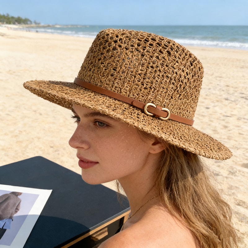 Breathable Wide Brimmed Straw Hat With Vintage Belt For Summer Sun Protection 1