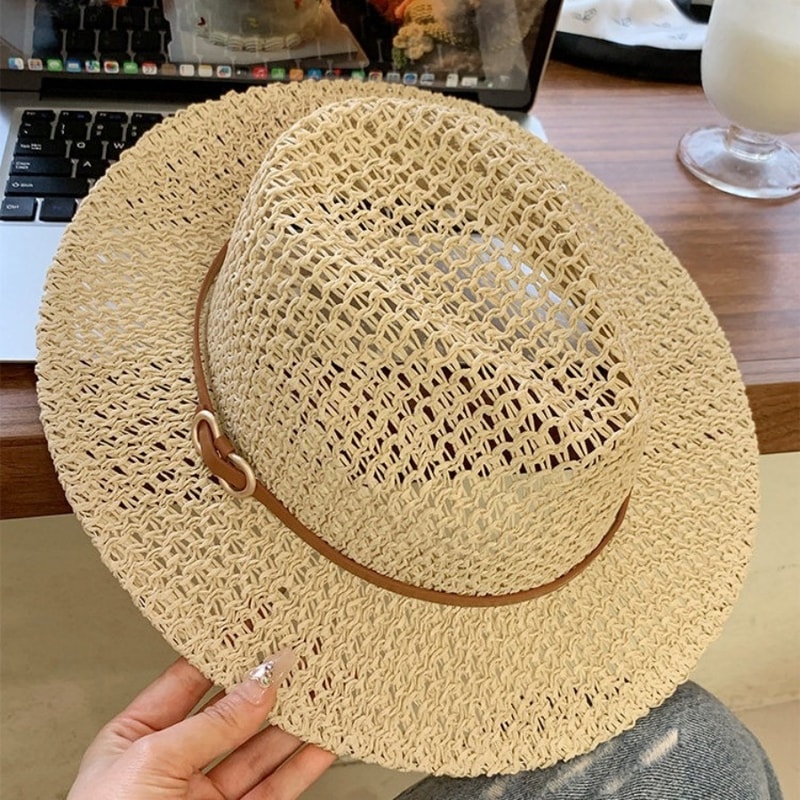 Breathable Wide Brimmed Straw Hat With Vintage Belt For Summer Sun Protection 4