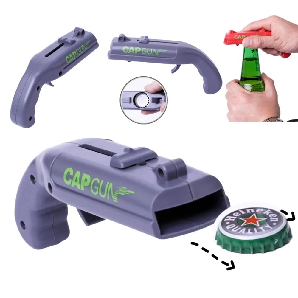 Cap Gun Beer Bottle Opener Fun Party Bar Tool & Beverage Launcher