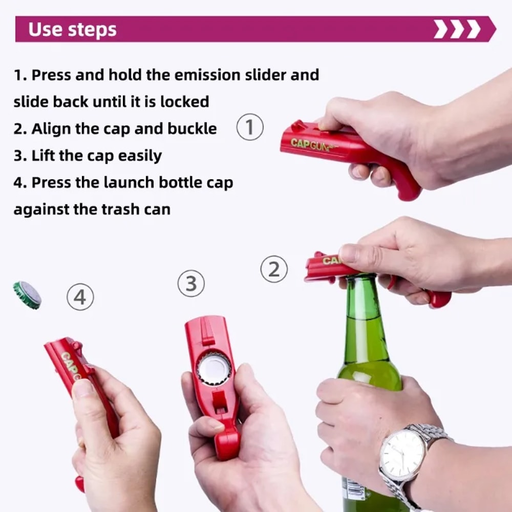 Cap Gun Beer Bottle Opener Fun Party Bar Tool & Beverage Launcher