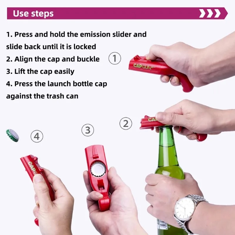 Cap Gun Beer Bottle Opener Fun Party Bar Tool & Beverage Launcher