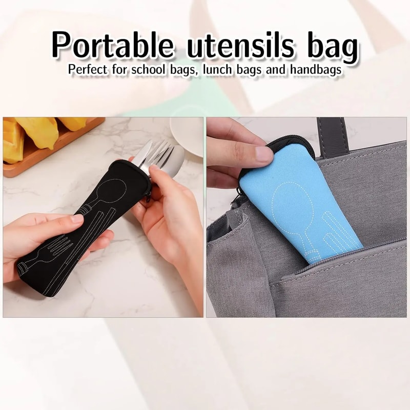 Portable Cutlery Bag with Zipper for Travel Camping School Lunch