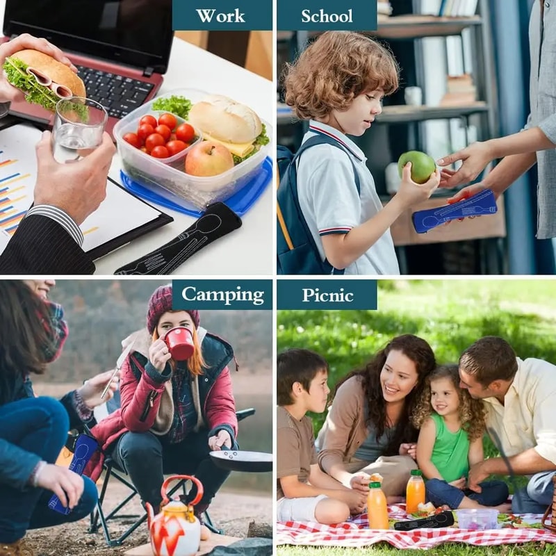 Portable Cutlery Bag with Zipper for Travel Camping School Lunch