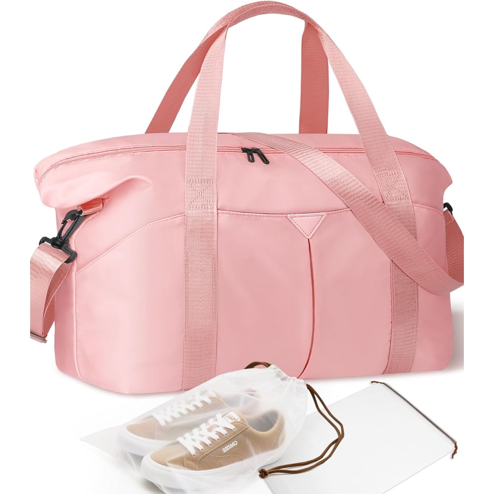 Pink Travel Duffel Bag with Trolley Sleeve and Waterproof Pocket
