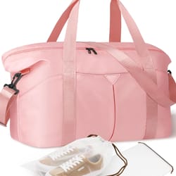 pink travel duffel bag with trolley sleeve and waterproof pocket