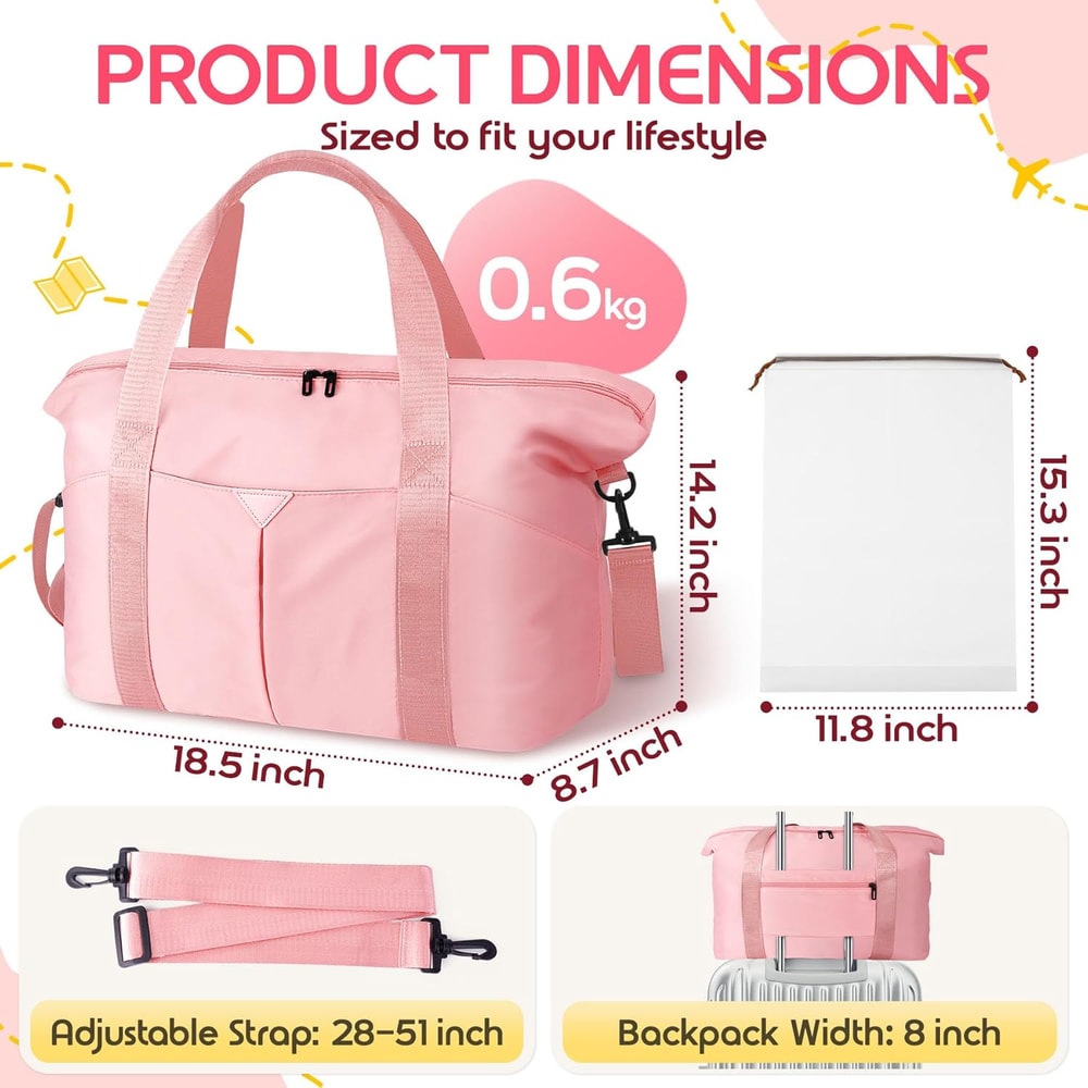 Pink Travel Duffel Bag with Trolley Sleeve and Waterproof Pocket