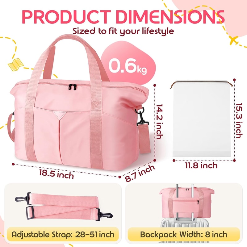 Pink Travel Duffel Bag with Trolley Sleeve and Waterproof Pocket