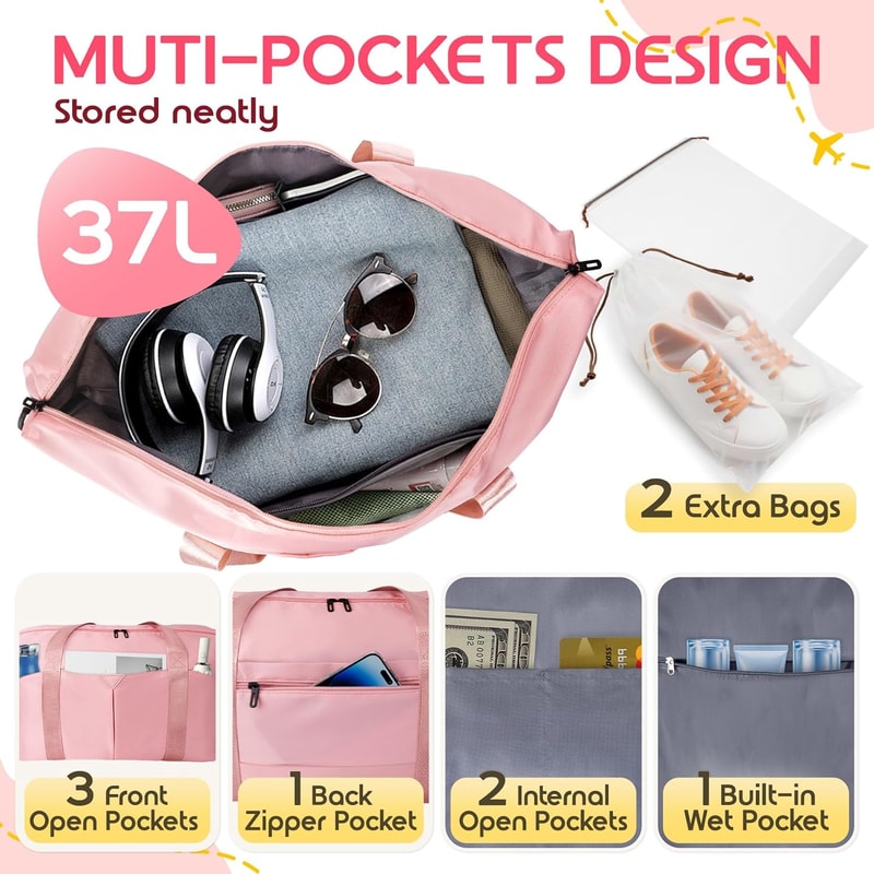 Pink Travel Duffel Bag with Trolley Sleeve and Waterproof Pocket