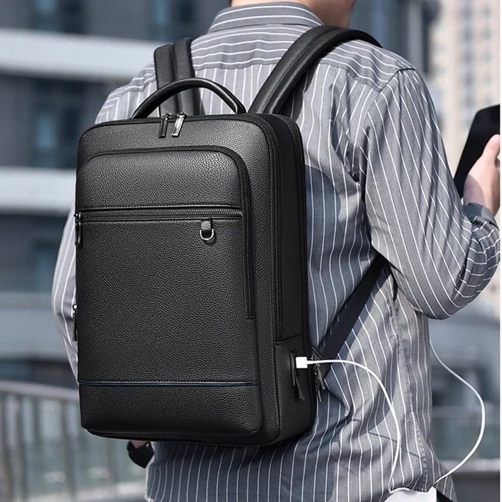 Executive PU Leather Laptop Backpack With USB Charging Port 5