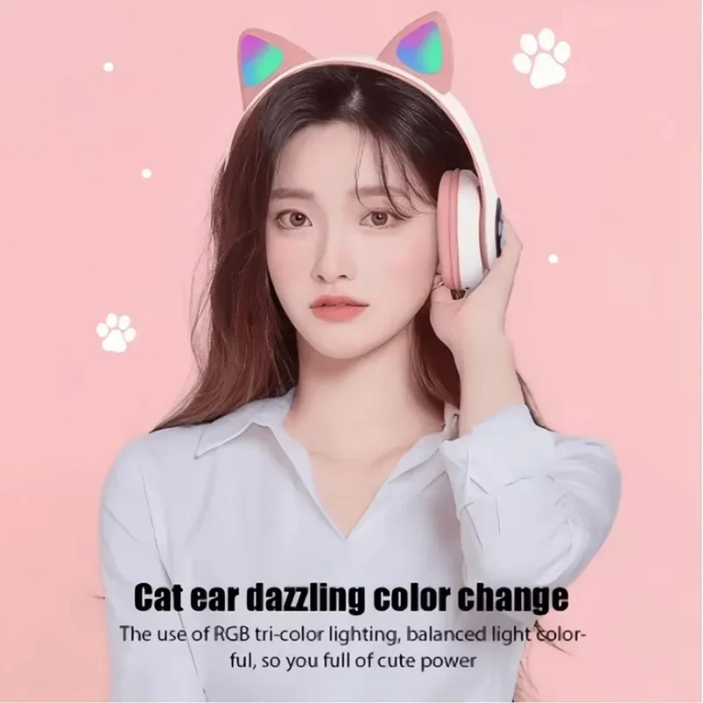 Cute Cat Wireless Headphones with RGB Ears & Noise Cancelling Microphone