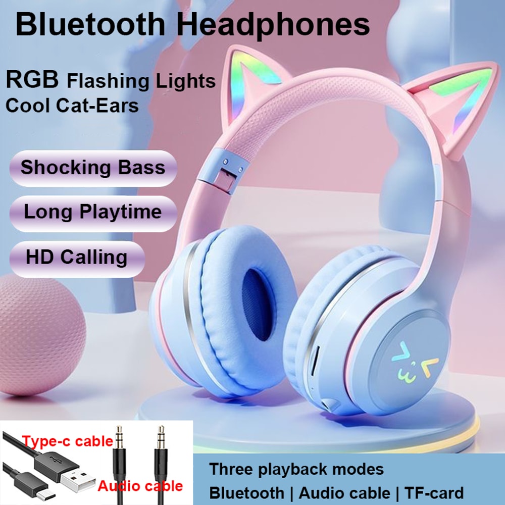 Cute Cat Ear LED Bluetooth Headphones for Kids Wireless RGB Earphones with Mic